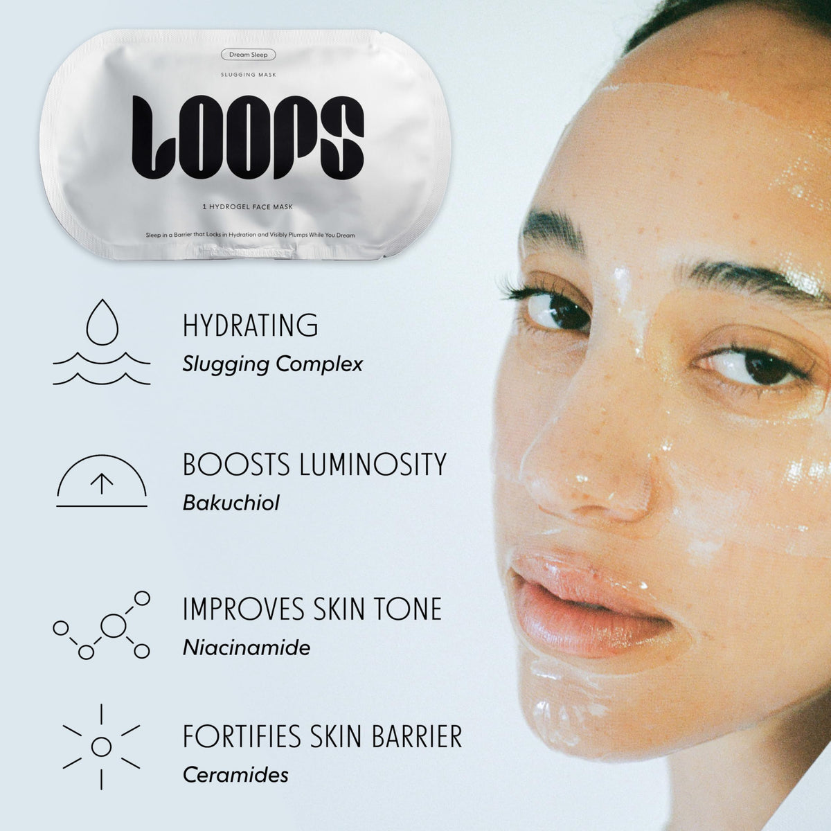 LOOPS mask in a bathroom setting showing quick ten-minute routine benefit