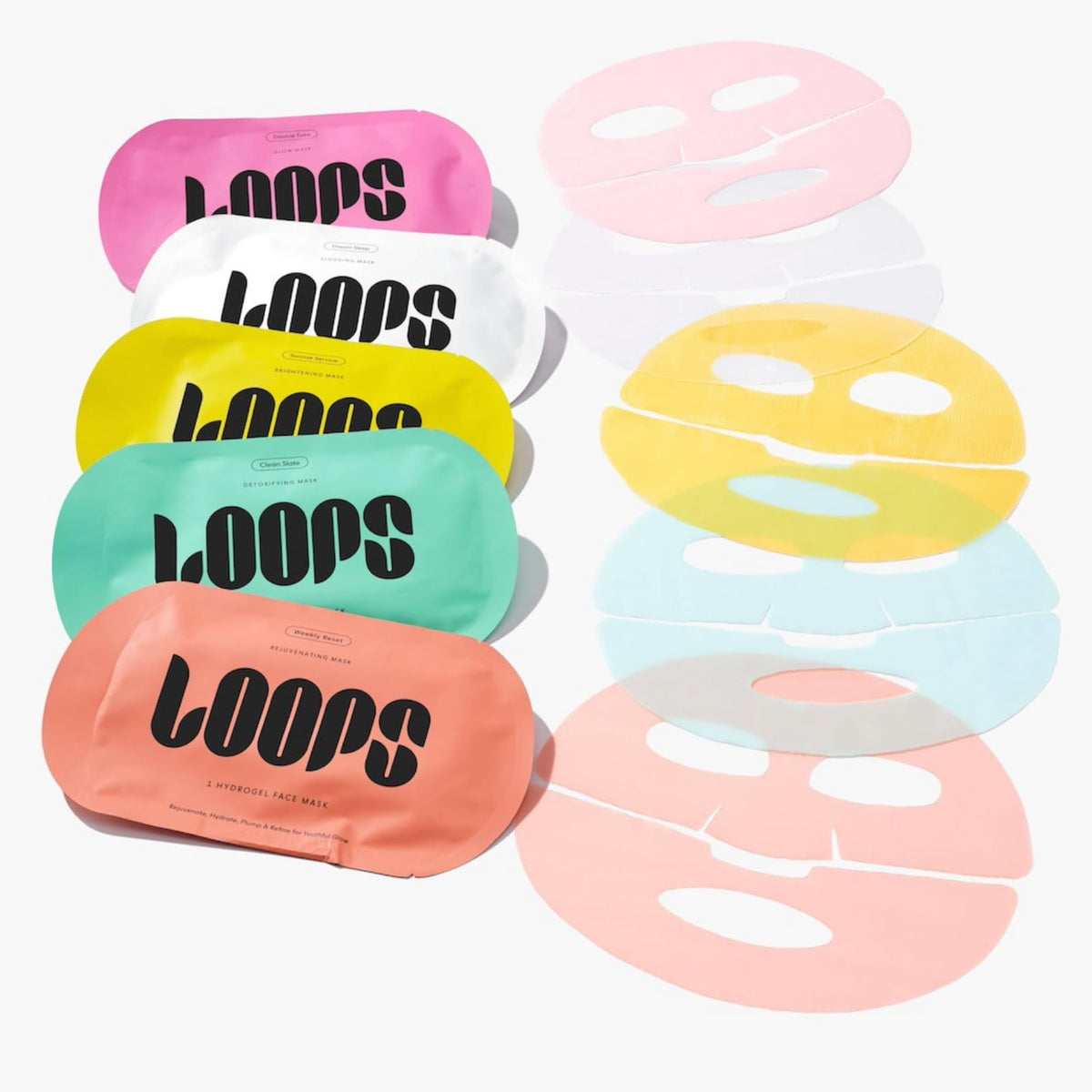 LOOPS two-piece hydrogel mask applied to face demonstrating fit and coverage benefit