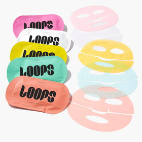LOOPS two-piece hydrogel mask applied to face demonstrating fit and coverage benefit