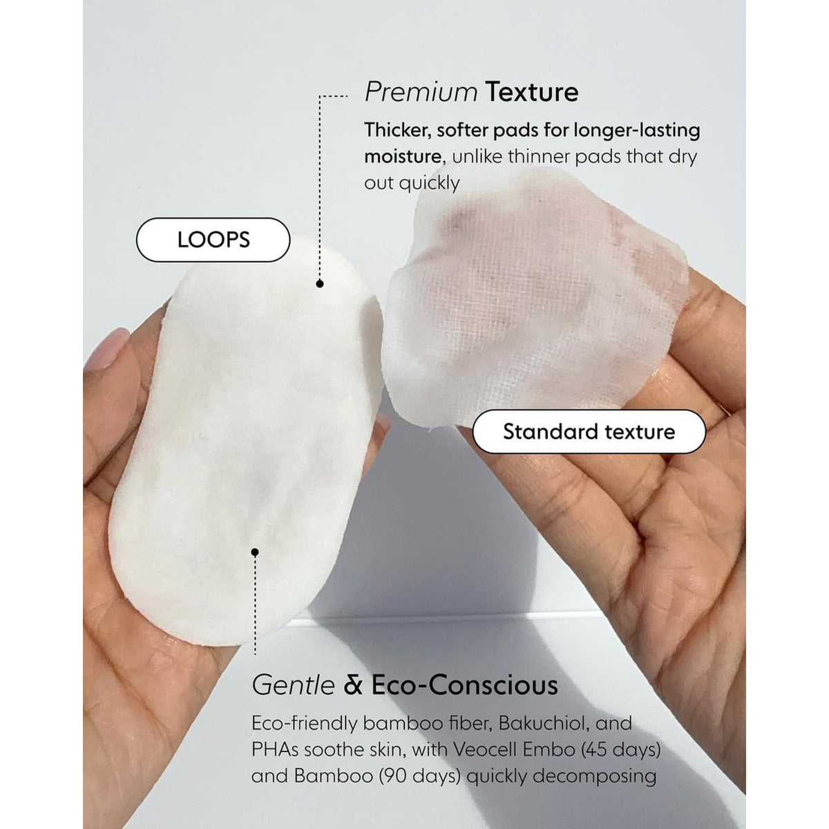 LOOPS pad being applied to face illustrating even coverage and convenient treatment