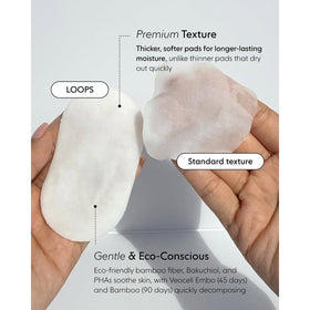 LOOPS pad being applied to face illustrating even coverage and convenient treatment