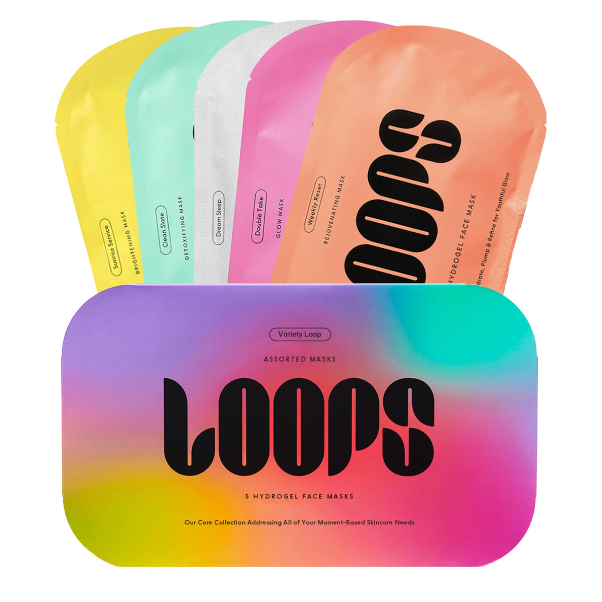 LOOPS front packaging of variety loop kit showing five masks and benefits