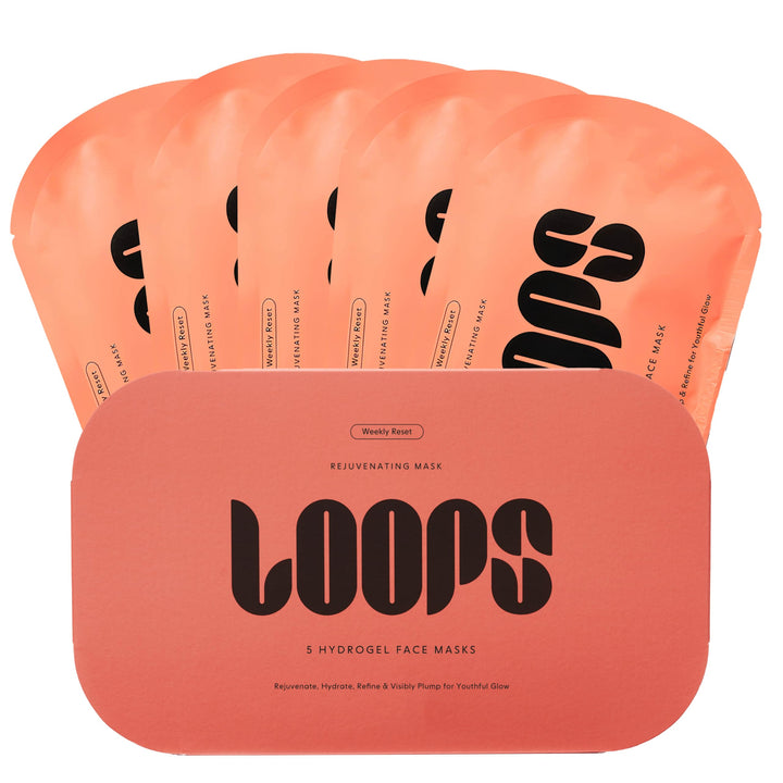 LOOPS front packaging showing five hydrogel mask packets and benefits