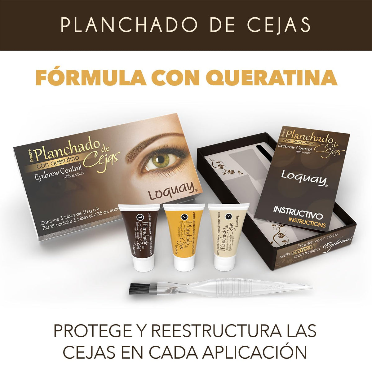 Loquay application brush in use smoothing eyebrow hairs for precise professional styling