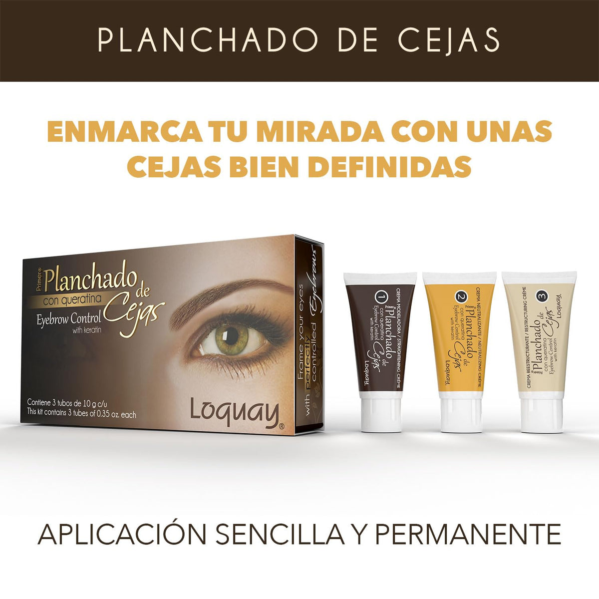 Loquay three 10g tubes close-up highlighting straightening, neutralizing, restructuring benefits