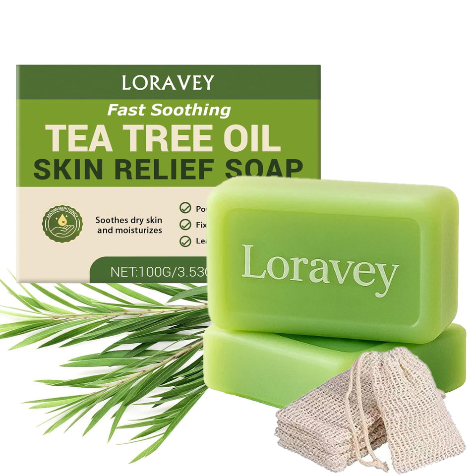 Loravey front packaging showing the tea tree soap bar for natural cleansing