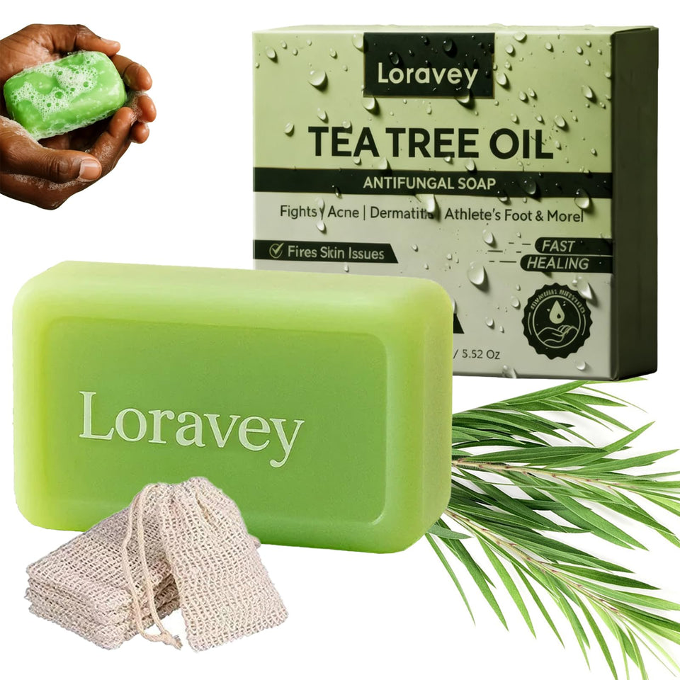 Loravey front packaging showing tea tree soap and freshness benefit