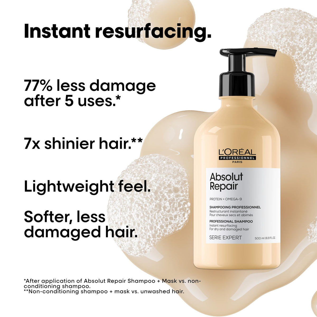 L'Oréal Professionnel Paris close-up of creamy shampoo texture showing rich lather and moisturizing benefit