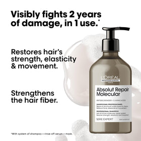 L'Oréal Professionnel Paris pump and label detail highlighting usage instructions benefit
