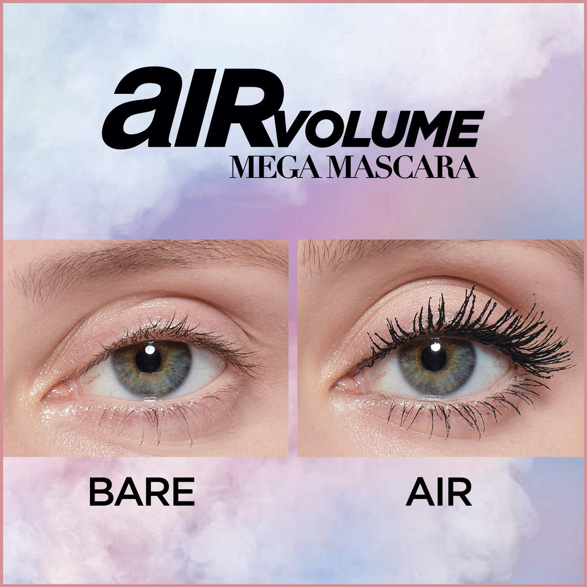 L'Oreal Paris before and after lashes demonstrating dramatic volume boost