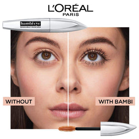 L'Oreal Paris Bambi Eye size scale comparison beside common items to show 0.28 fl oz portability