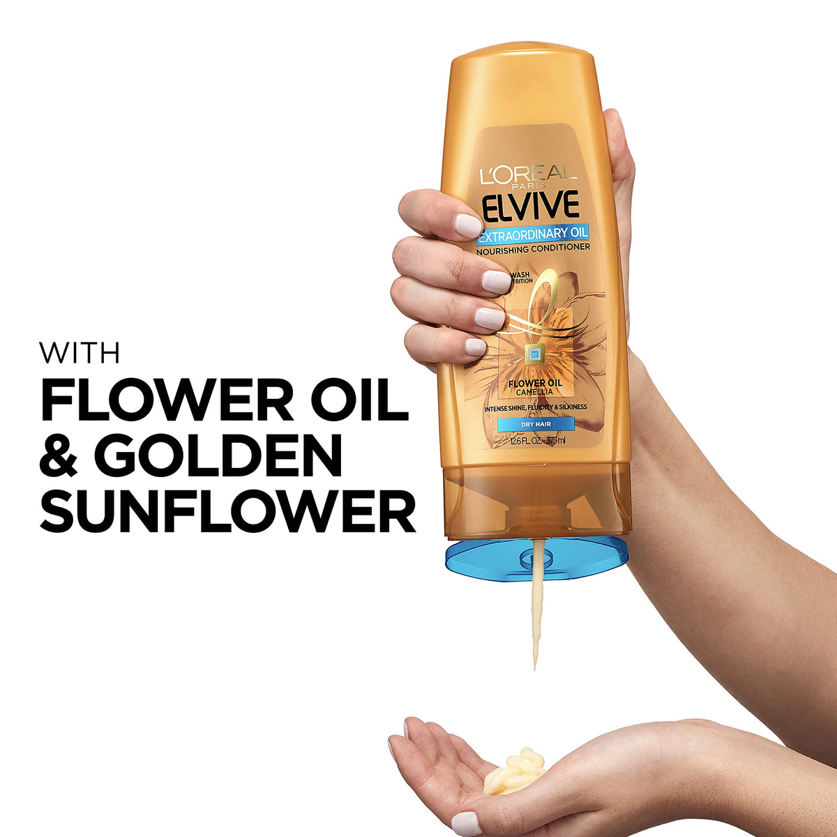 L'Oreal Paris Elvive creamy conditioner texture close-up, shows lightweight yet rich moisture