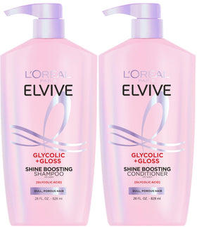 L'Oreal Paris front packaging of Glycolic + Gloss set showing product trio and benefits