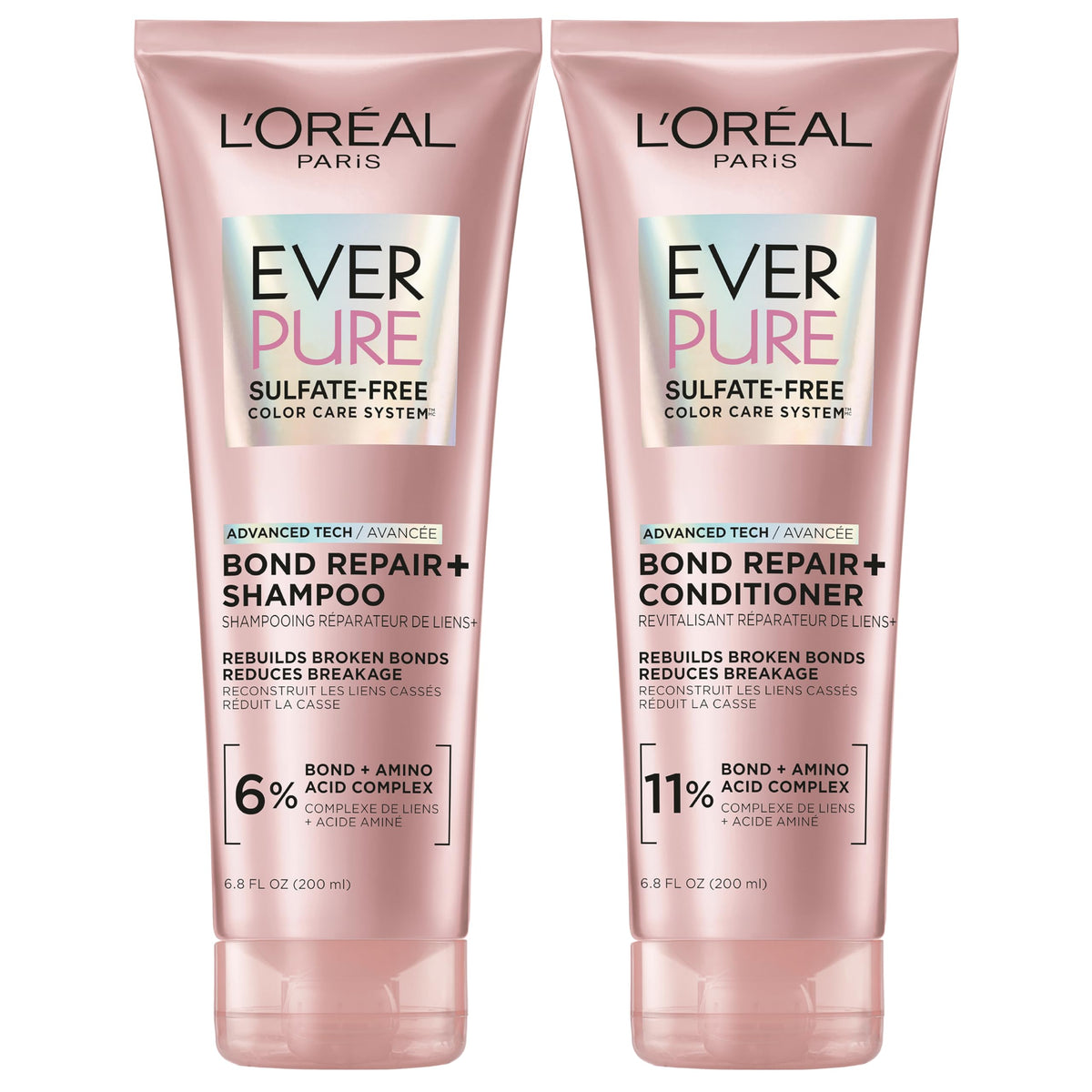 L'Oreal Paris front packaging of Bond Repair+ set showing bottles and benefits