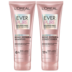 L'Oreal Paris front packaging of Bond Repair+ set showing bottles and benefits