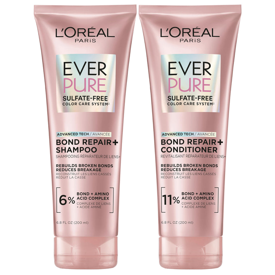 L'Oreal Paris front packaging of Bond Repair+ set showing bottles and benefits