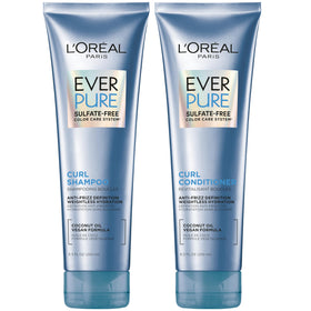 L'Oreal Paris front packaging showing curly hair shampoo and conditioner, clear benefits