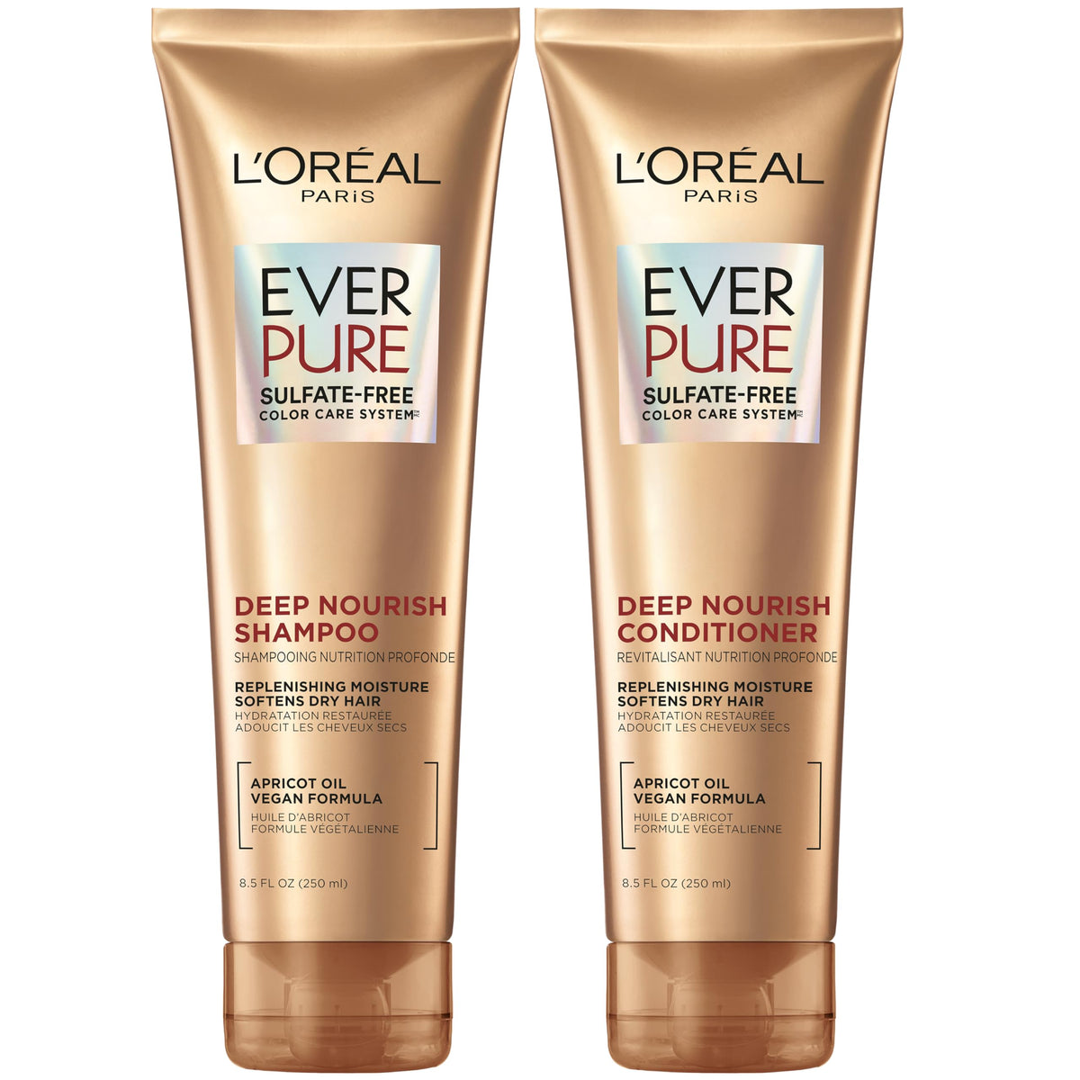 L'Oreal Paris front packaging showing dual bottles and benefits