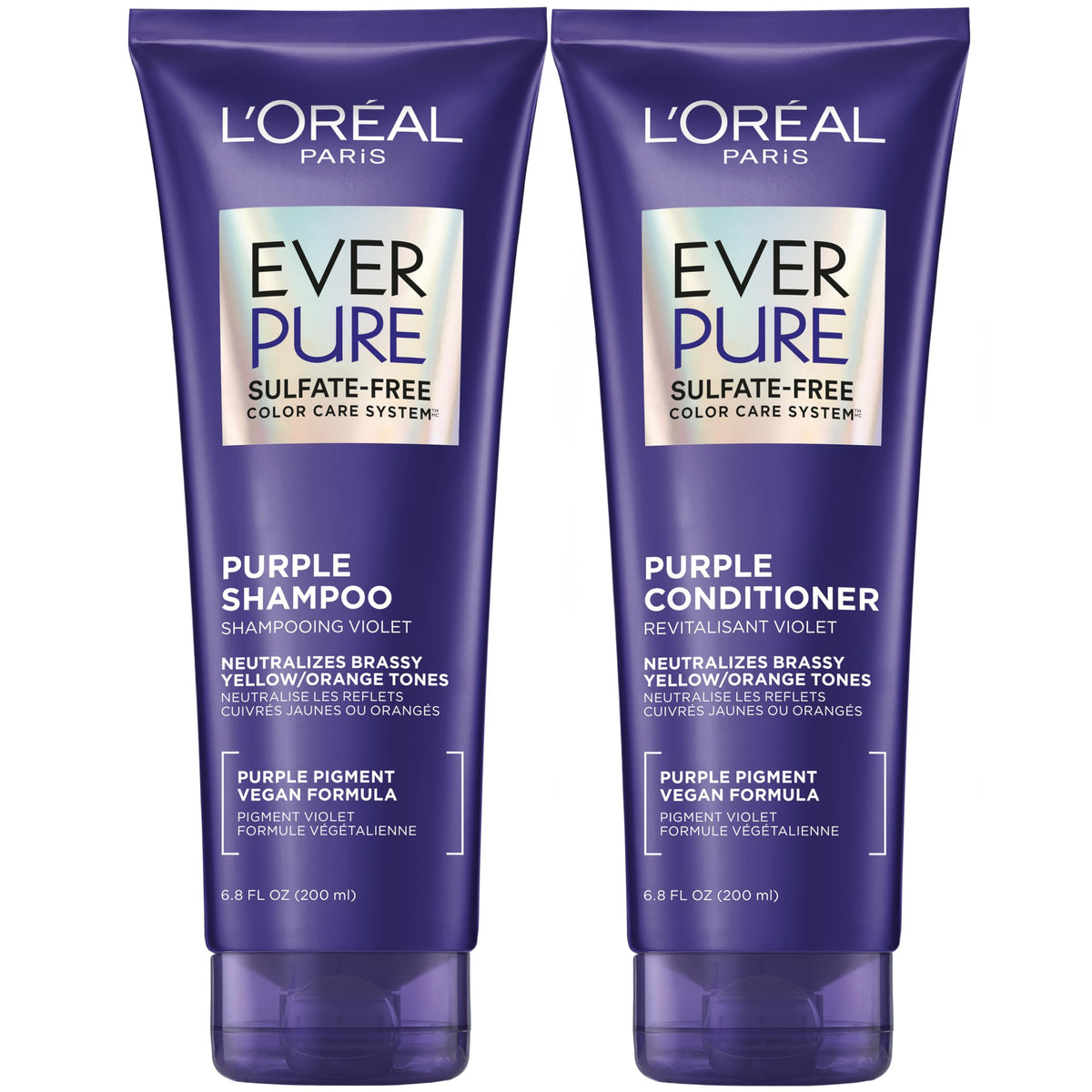 L'Oreal Paris front packaging of EverPure purple shampoo and conditioner for toning