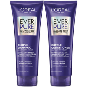 L'Oreal Paris front packaging of EverPure purple shampoo and conditioner for toning