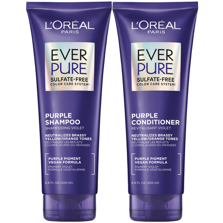 L'Oreal Paris front packaging of EverPure purple shampoo and conditioner for toning