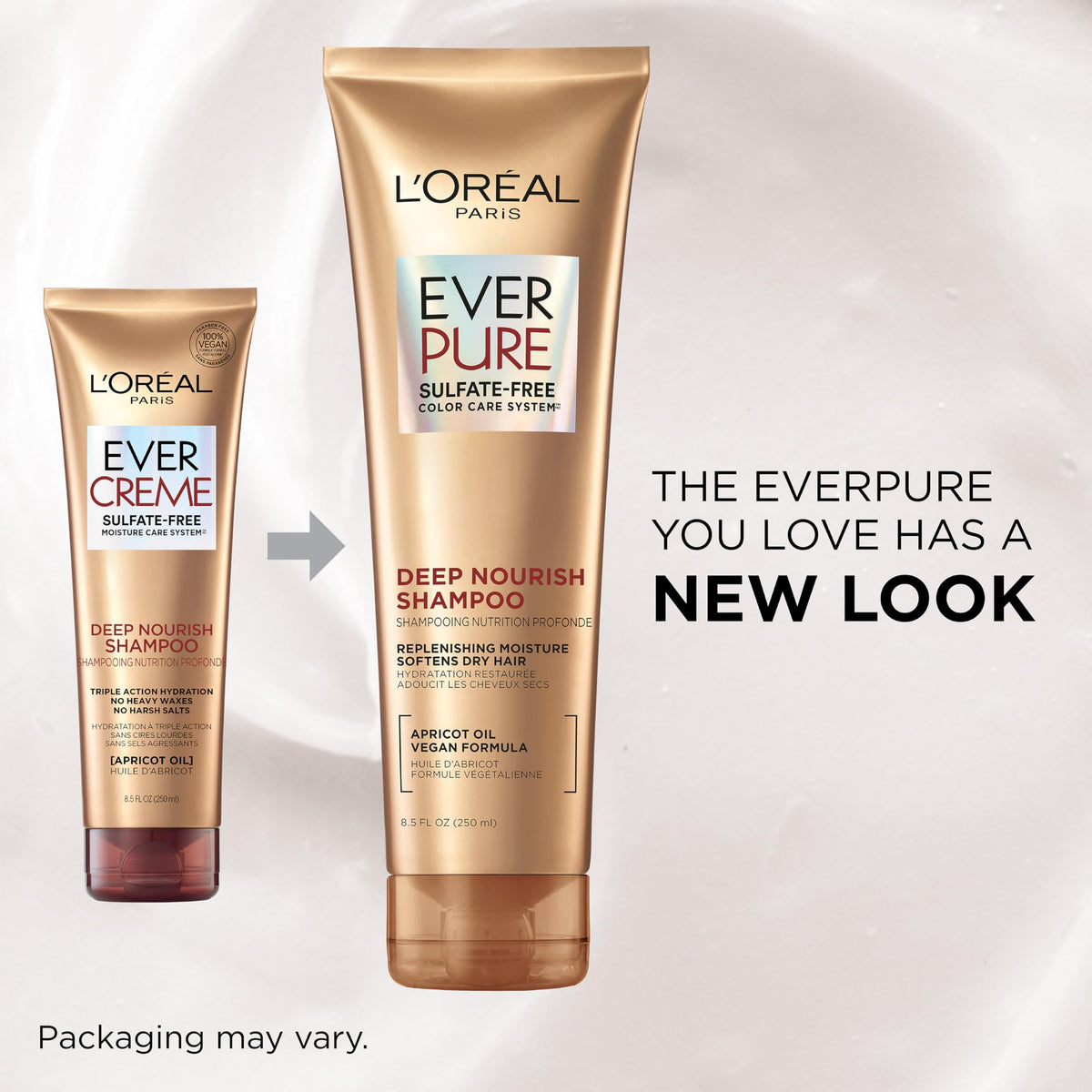 L'Oreal Paris shampoo pouring from bottle demonstrating gentle lather