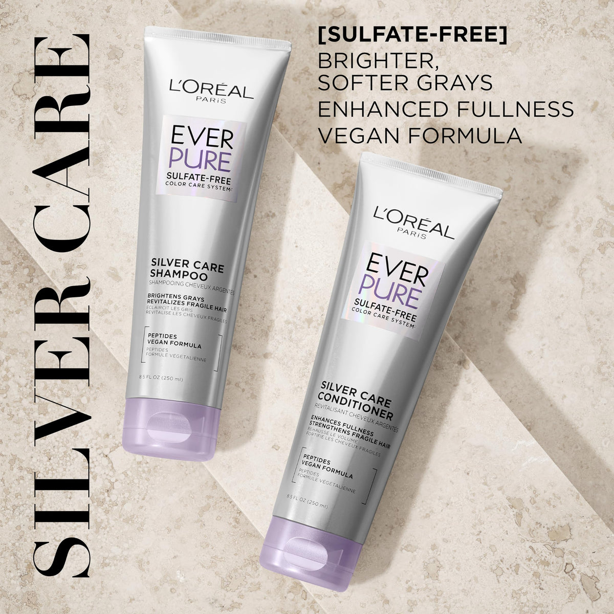 L'Oreal Paris close-up label detail highlighting silver care and vegan formula benefits