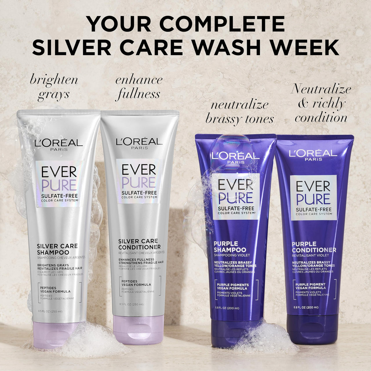 L'Oreal Paris bottles next to a ruler illustrating product size and travel-friendly benefit