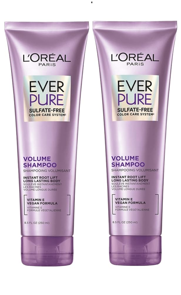 L'Oreal Paris front packaging showing two EverPure Volume bottles and product name benefit