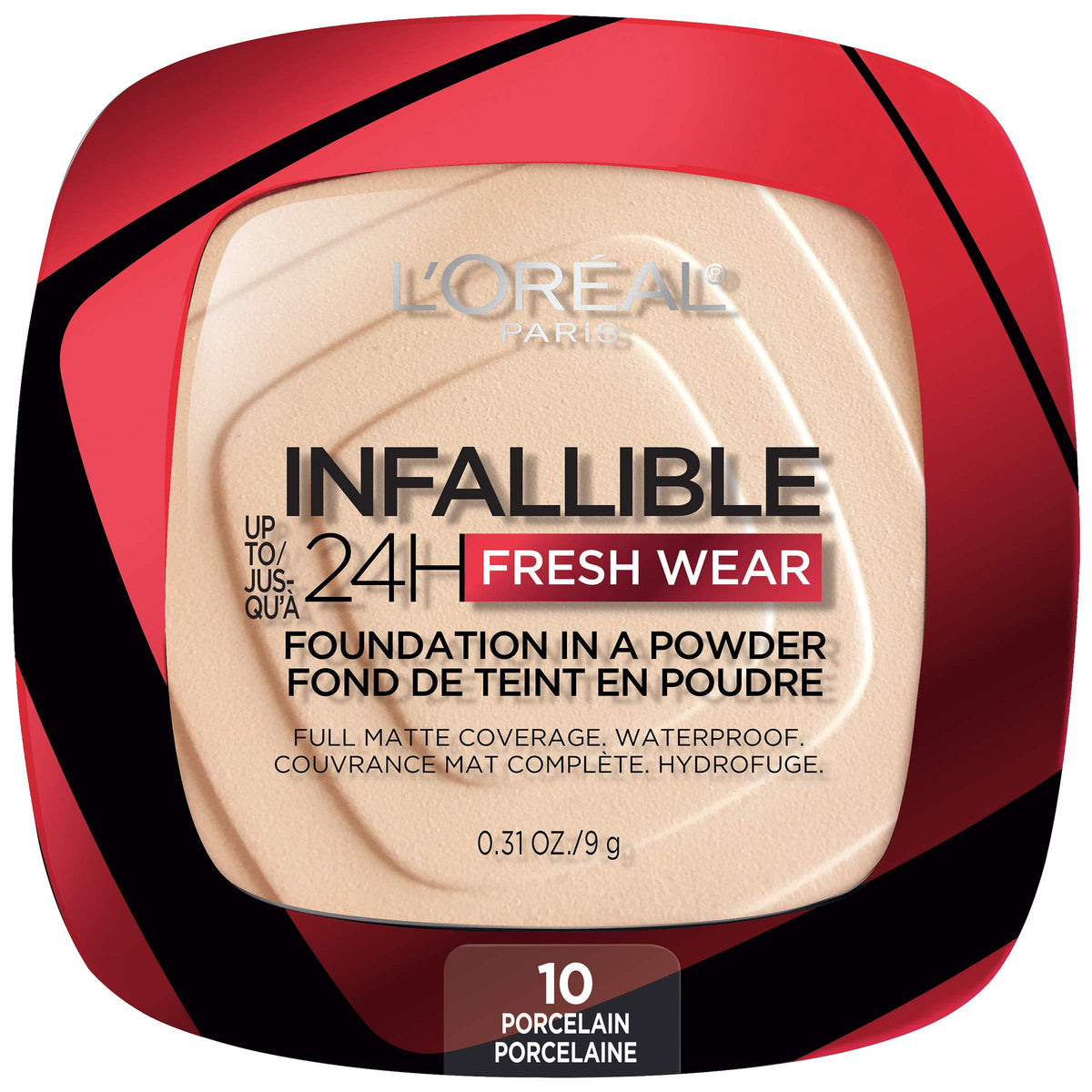L'Oreal Paris compact front view showing sleek packaging and portability benefit