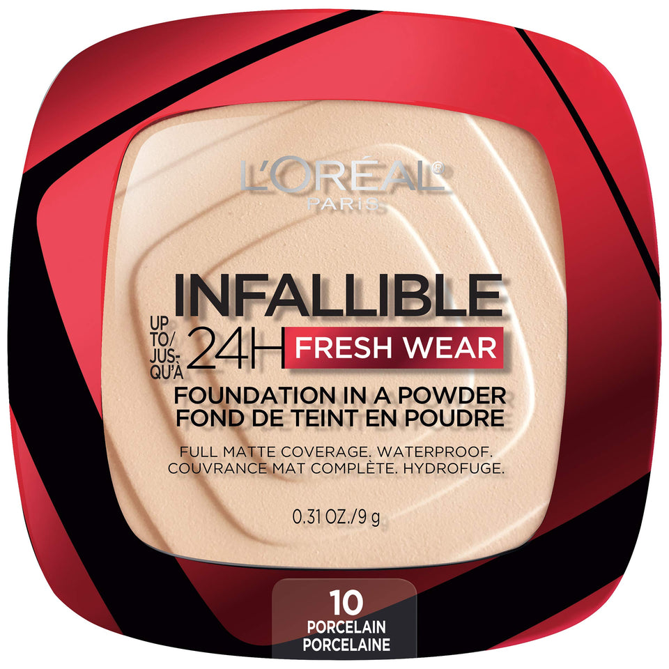 L'Oreal Paris compact front view showing sleek packaging and portability benefit