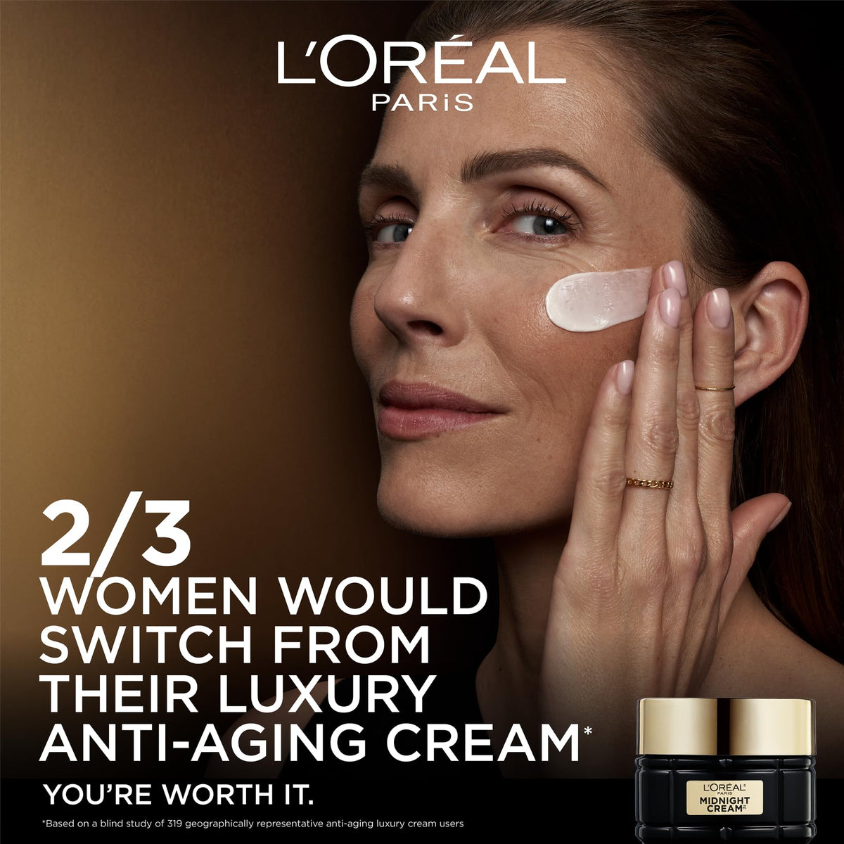 L'Oreal Paris nighttime routine lifestyle scene illustrating restful repair and radiant morning skin