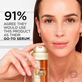 L'Oreal Paris close-up of dual chamber showing separated serum phases for freshness