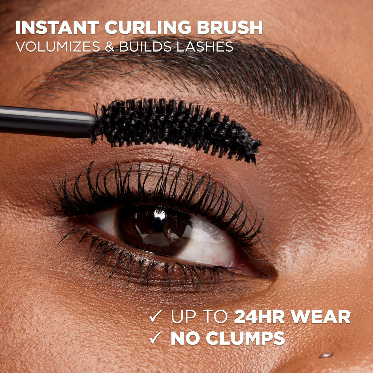 L'Oreal Paris wand applying mascara to upper lashes to lift and fan for fuller look