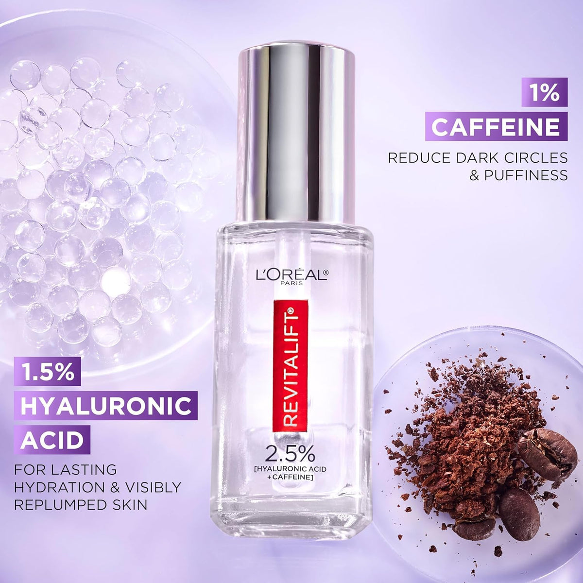 L'Oreal Paris serum applied under eye demonstrating de-puffing and smoothing