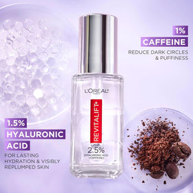 L'Oreal Paris serum applied under eye demonstrating de-puffing and smoothing