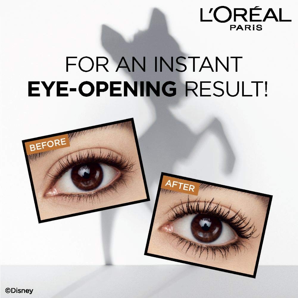 L'Oreal Paris Bambi Eye before and after lashes showing lifted, defined wide-eyed effect