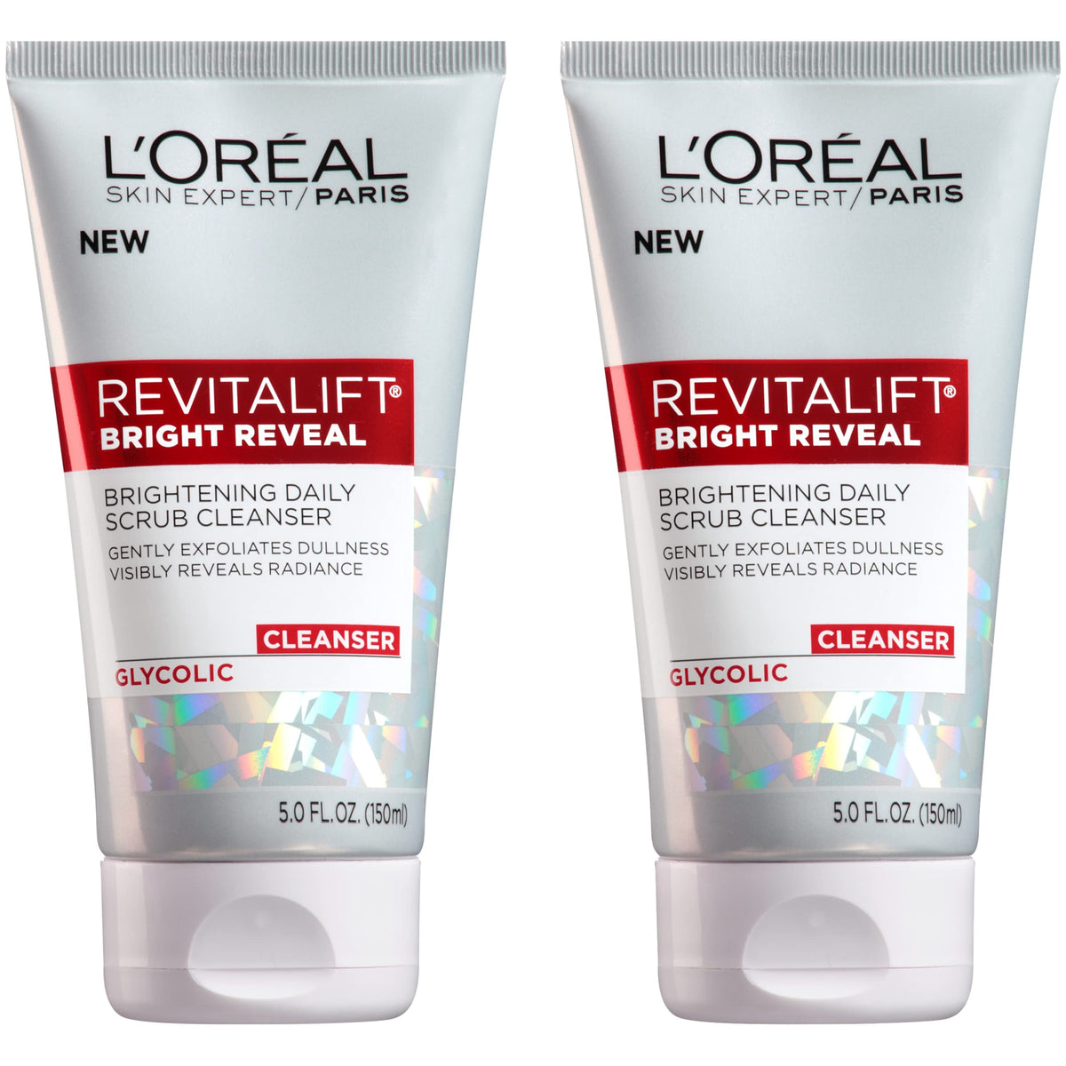 L'Oreal Paris front packaging of Bright Reveal cleanser shows product and benefits