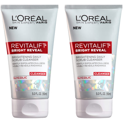 L'Oreal Paris front packaging of Bright Reveal cleanser shows product and benefits