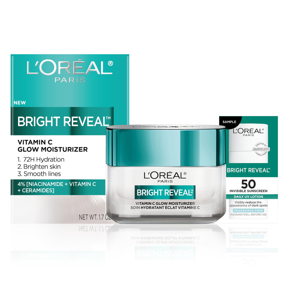 L'Oreal Paris front packaging showing bright reveal moisturizer and benefits