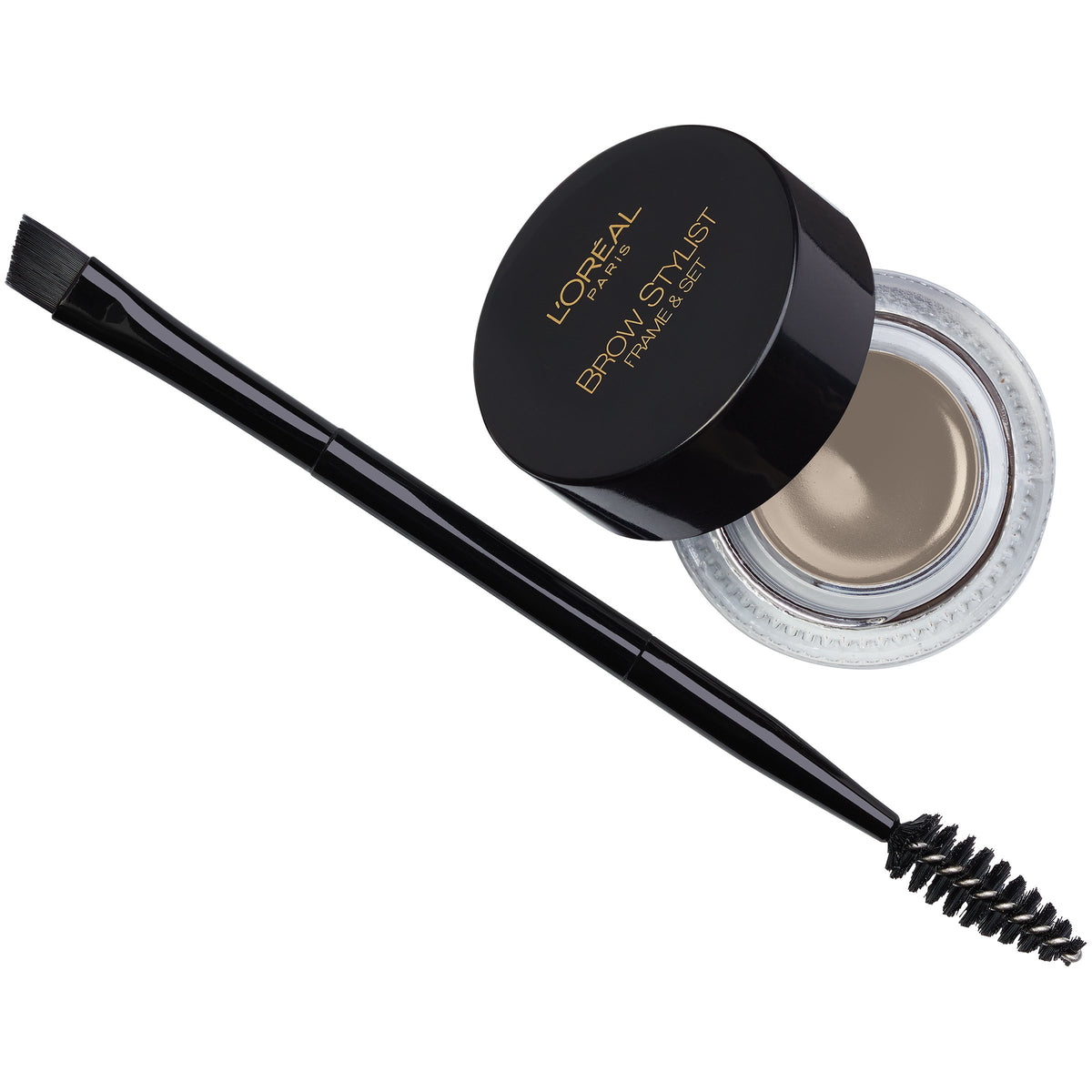 L'Oreal Paris front packaging showing blonde pomade and brush, precise shaping benefit