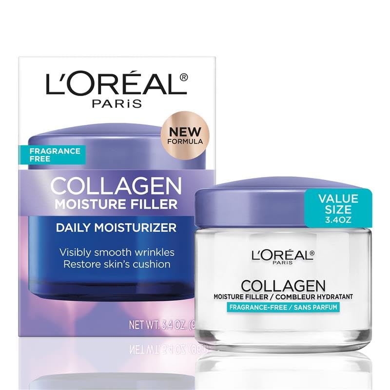 L'Oreal Paris front packaging of collagen moisture filler showing jar and box for easy identification