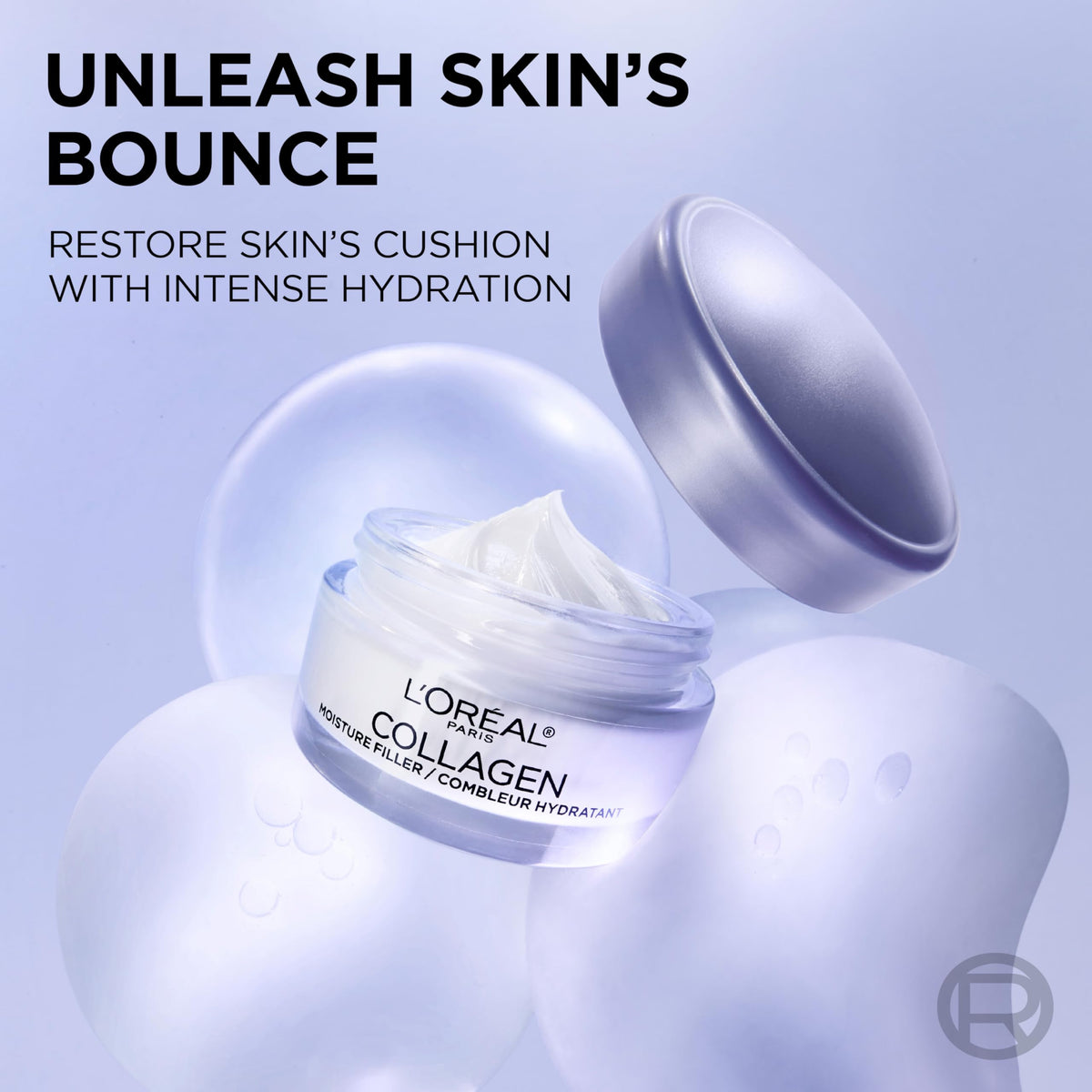L'Oreal Paris open jar texture of Collagen Moisture Filler cream to show lightweight, bouncy consistency