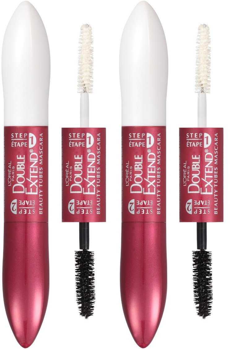 L'Oreal Paris front packaging showing pack of two mascaras and benefits