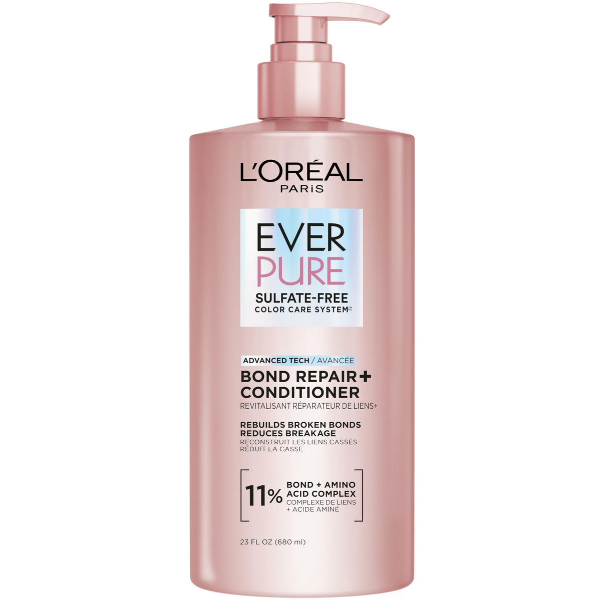 L'Oreal Paris front packaging showing the EverPure Bond Repair+ bottle and benefits