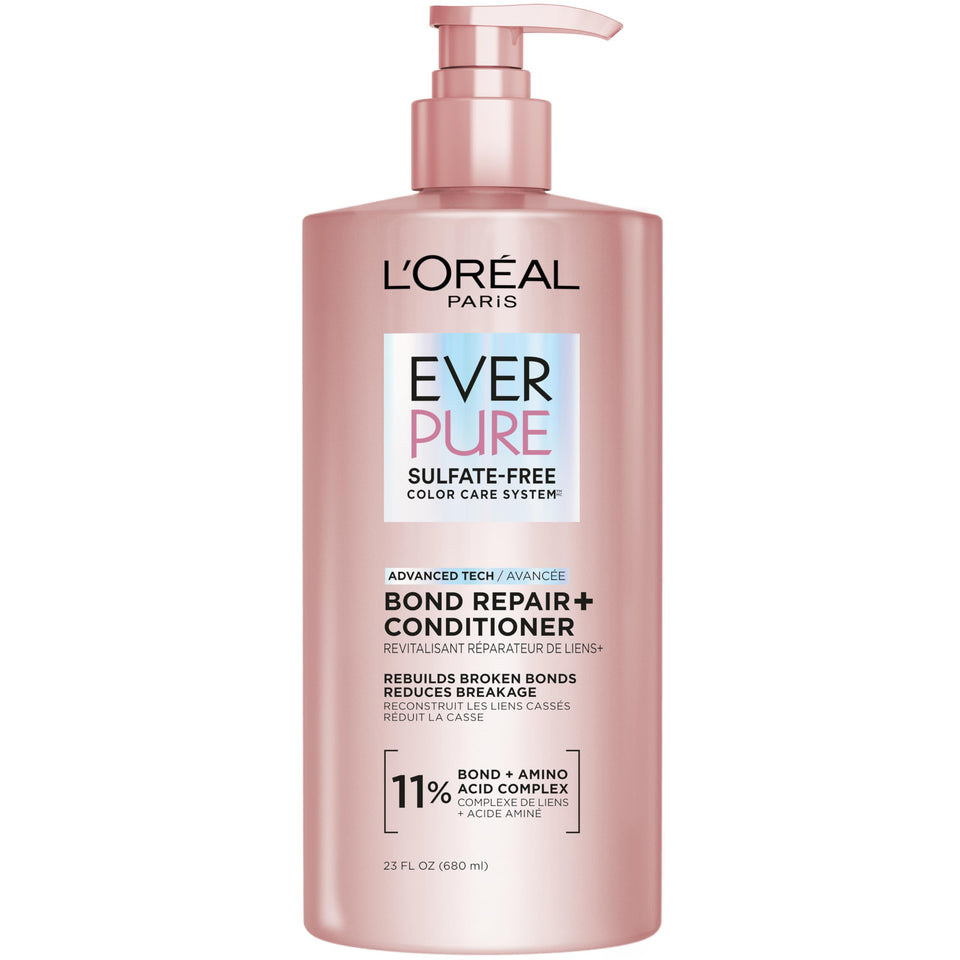 L'Oreal Paris front packaging showing the EverPure Bond Repair+ bottle and benefits