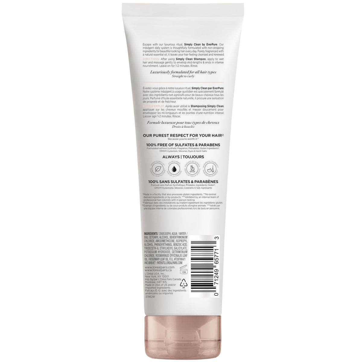 L'Oreal Paris EverPure back label closeup showing clean-formula ingredient transparency
