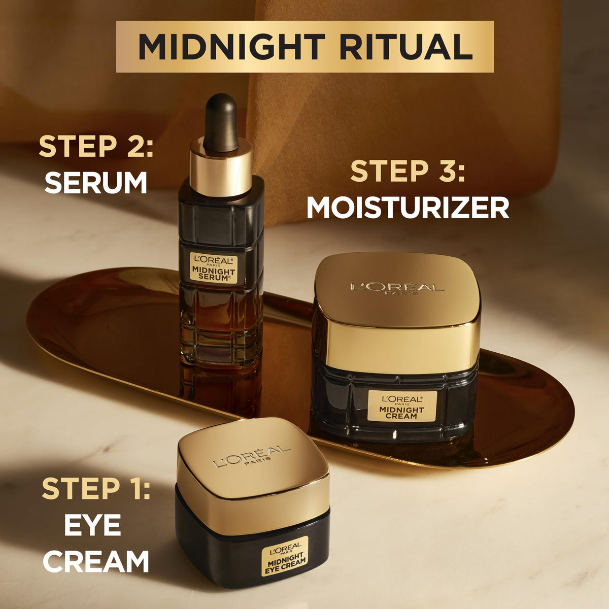 L'Oreal Paris eye cream on vanity in bedroom scene suggesting overnight restorative routine