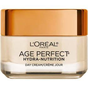 L'Oreal Paris front packaging of Age Perfect cream shows jar and benefit