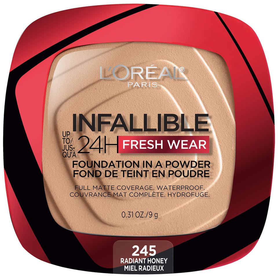 L'Oreal Paris compact front view showing clean branding and portable design benefit